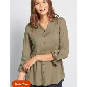 ModCloth Trusty Travel Tie Waist Button Up Top Shirt Olive Green Size XXS